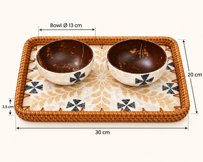 Size guide: 30 × 20 × 3.5 cm rectangular tray with two 13 cm coconut bowls