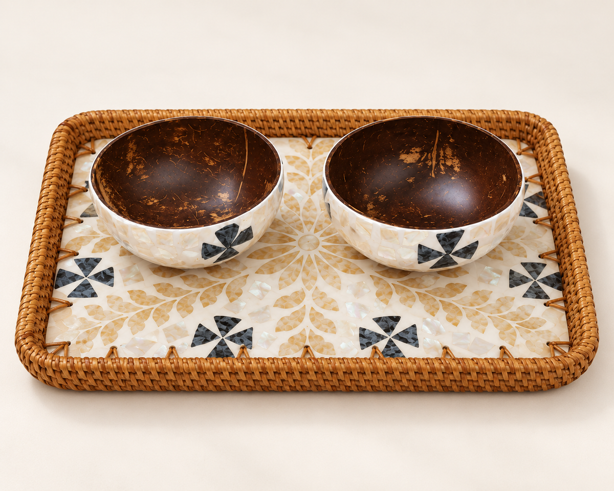 Floral Mosaic 30 × 20 cm rectangular tray with two matching coconut bowls