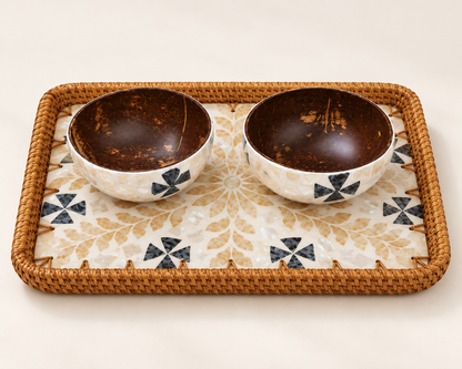 Floral Mosaic 30 × 20 cm rectangular tray with two matching coconut bowls