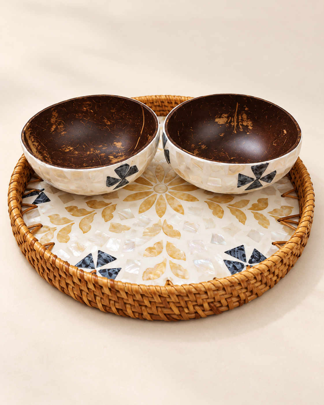 Floral Mosaic round tray with two matching coconut bowls, set available with 28 cm or 32 cm tray