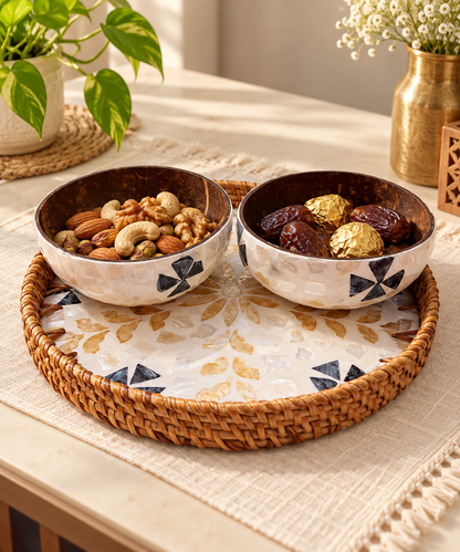 Floral Mosaic tray and two bowls styled with dry fruits and dates