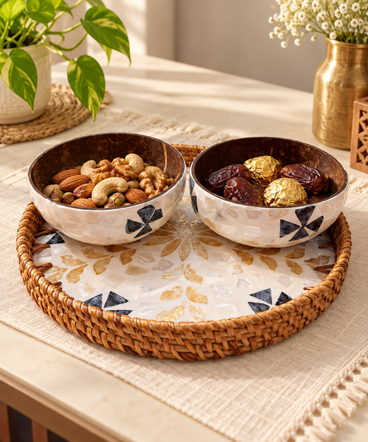 Floral Mosaic tray and two bowls styled with dry fruits and dates