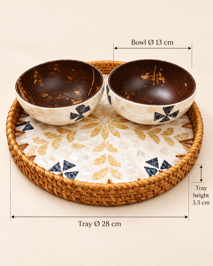 28 cm Floral Mosaic tray size guide with two 13 cm coconut bowls; tray height 3.5 cm