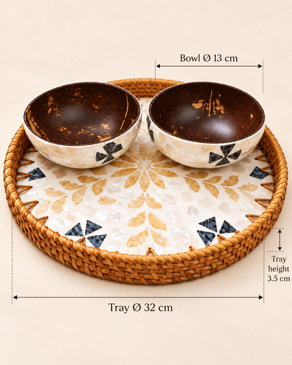 32 cm Floral Mosaic tray size guide with two 13 cm coconut bowls; tray height 3.5 cm