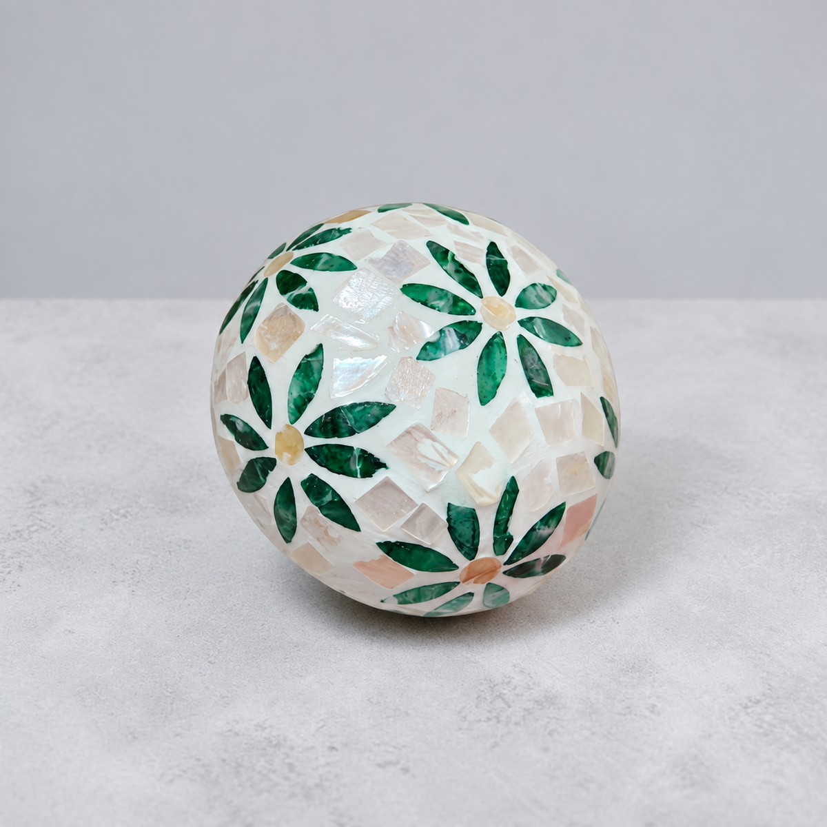 Green Daisy coconut bowl exterior with green floral mother-of-pearl and shell-chip inlay