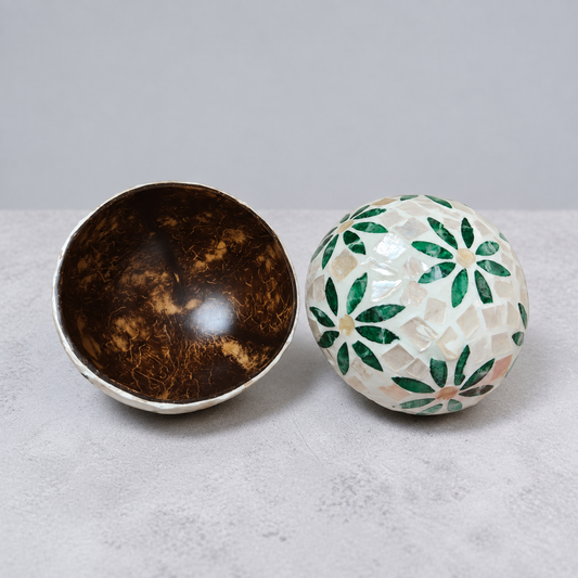 Set of two Green Daisy coconut bowls showing interior and floral exterior