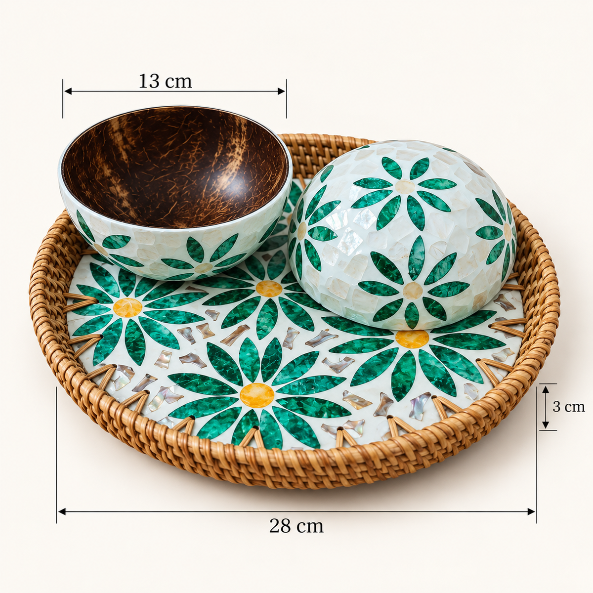Size guide: tray diameter 28 cm, height 3 cm; bowl diameter 13 cm
