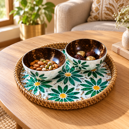 Styled serving use with two bowls holding dry fruits and dates