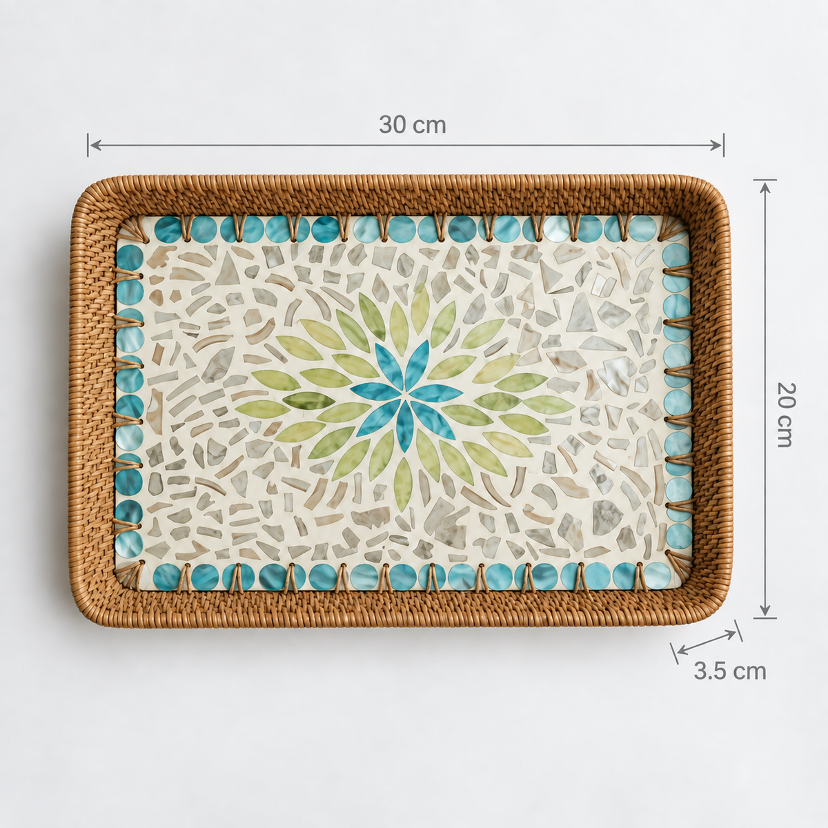 Illustration of Lagoon Bloom rectangular tray dimensions: 30 × 20 × 3.5 cm