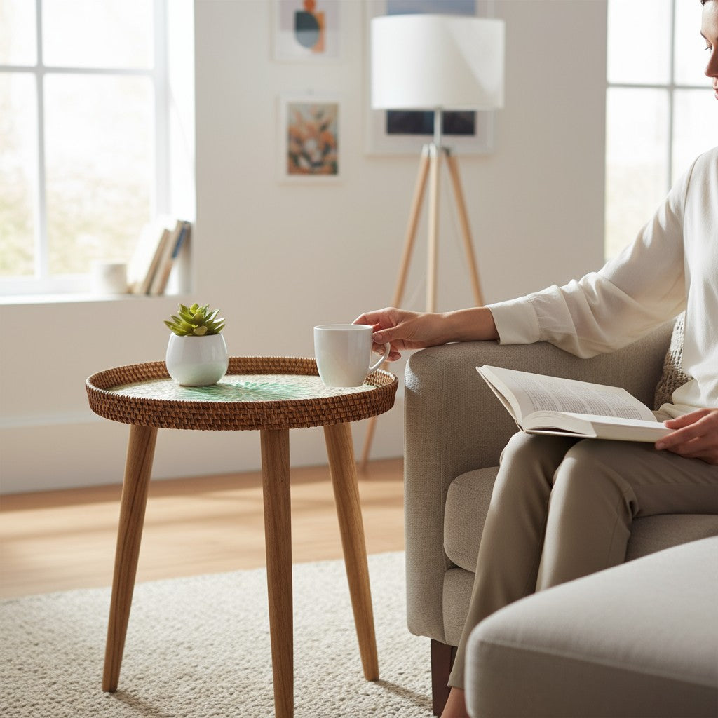 Round side table beside armchair for tea, books and lamp lighting