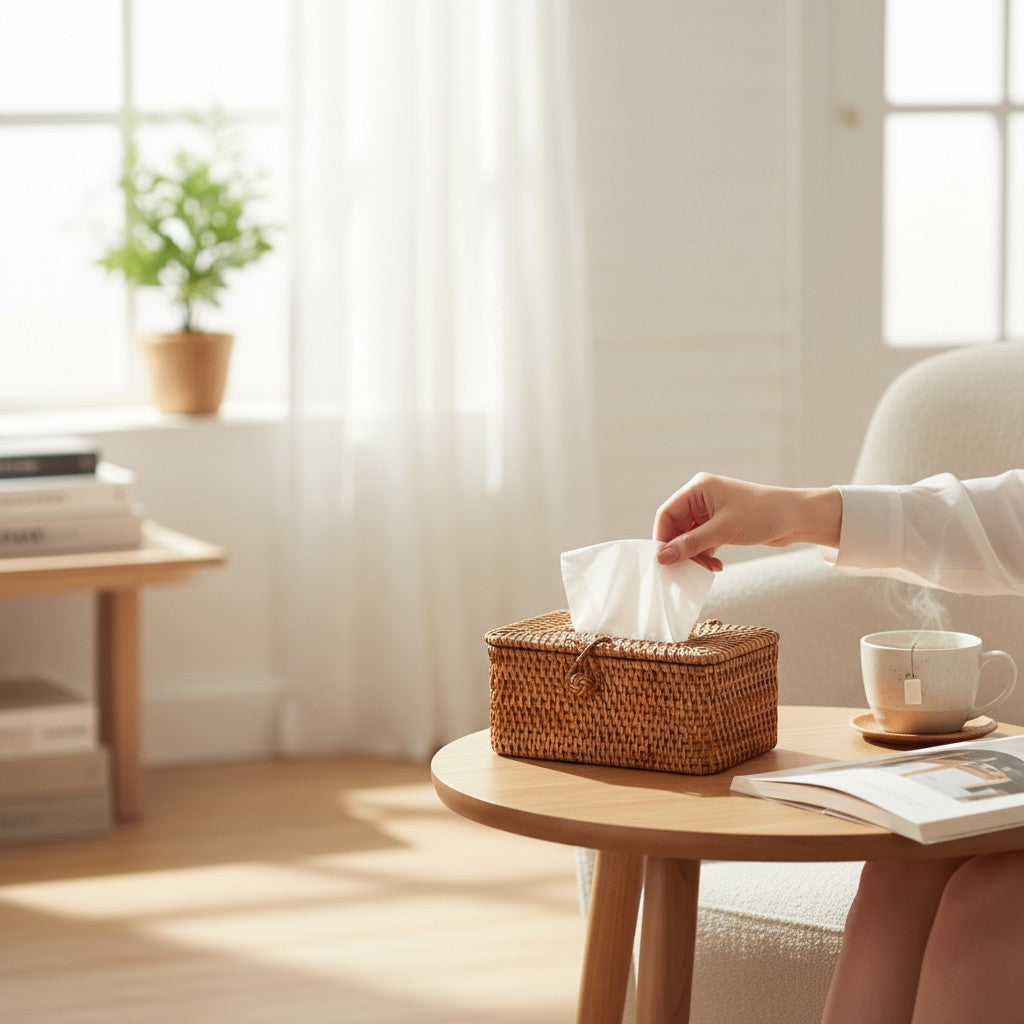 Square rattan tissue box cover on a round coffee table with a teacup, books and a person reaching for a tissue