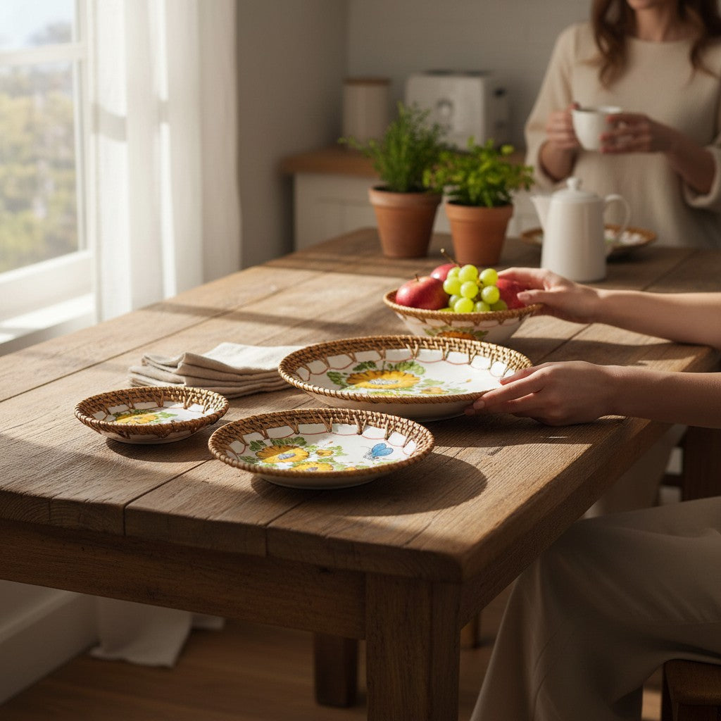 Marigold Bloom rattan-rimmed ceramic bowls styled on a wooden dining table with snacks and drinks