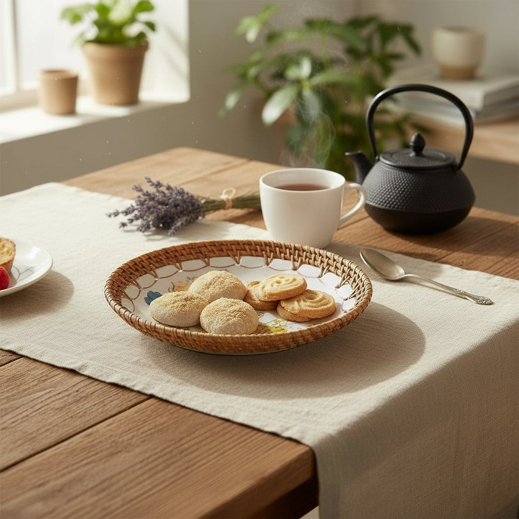 Marigold Bloom ceramic bowl with rattan rim on a table runner beside a teapot and cups