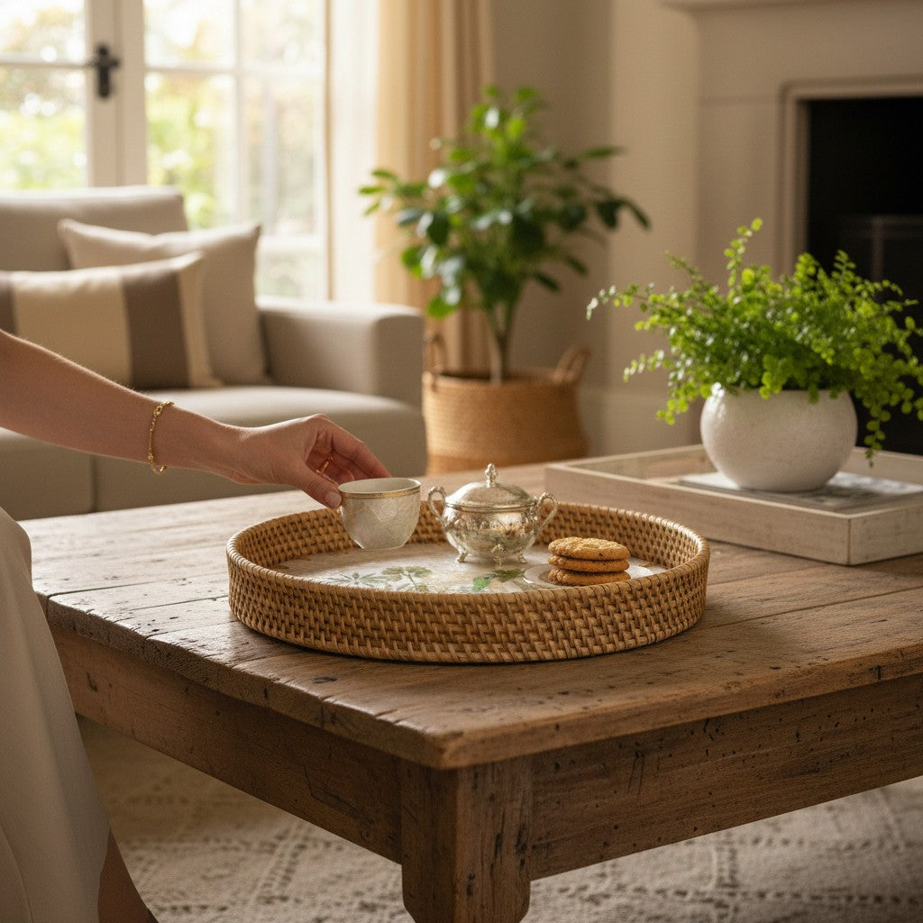Serving snacks with Royal Oasis mother-of-pearl tray on rustic wooden table