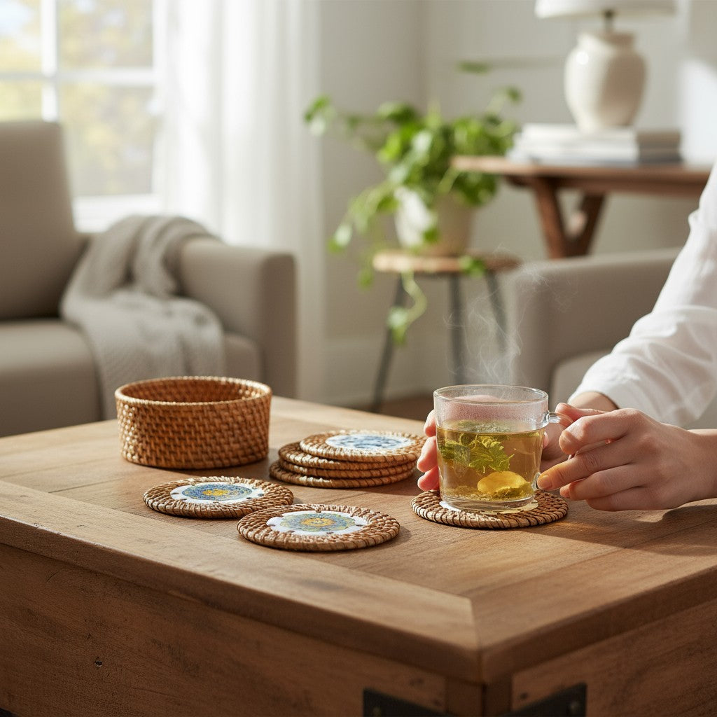 Rattan coaster set styled on a wooden coffee table with tea