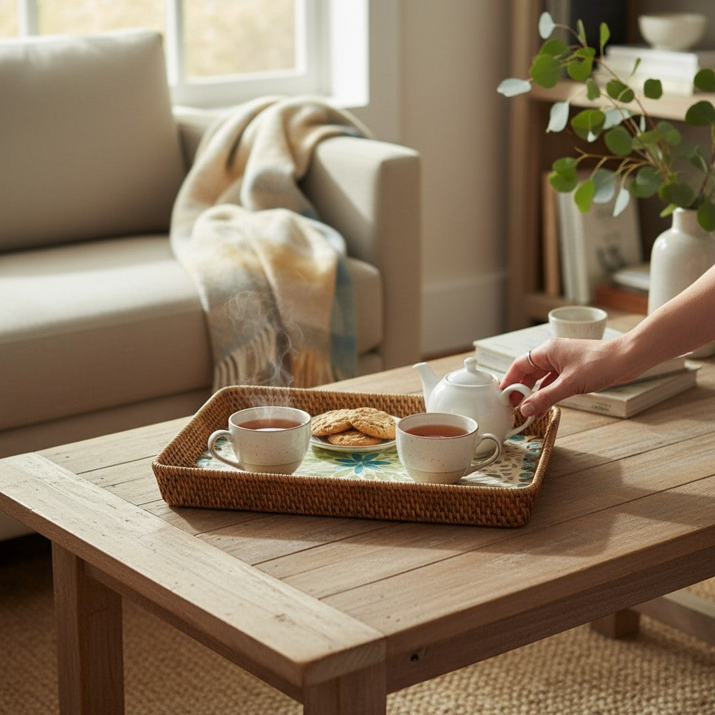 Lagoon Bloom Rectangular Tray | Mother-of-Pearl Mosaic with Hand-Woven Rattan Rim