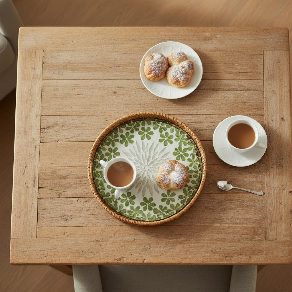 Round mother-of-pearl tray on a wooden table with coffee and buns – breakfast or hosting setup.