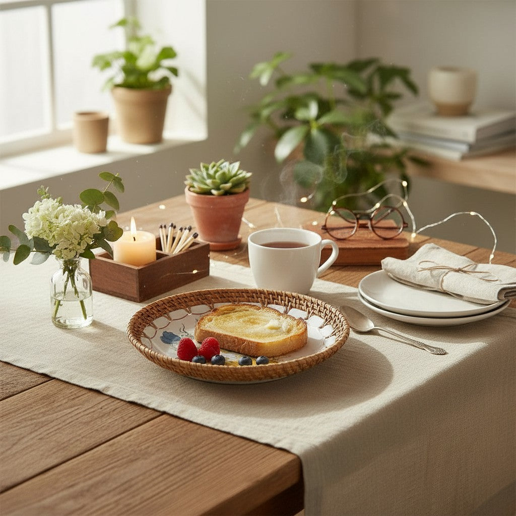 Marigold Bloom ceramic bowl styled with potted plants and tea cups on a wooden table