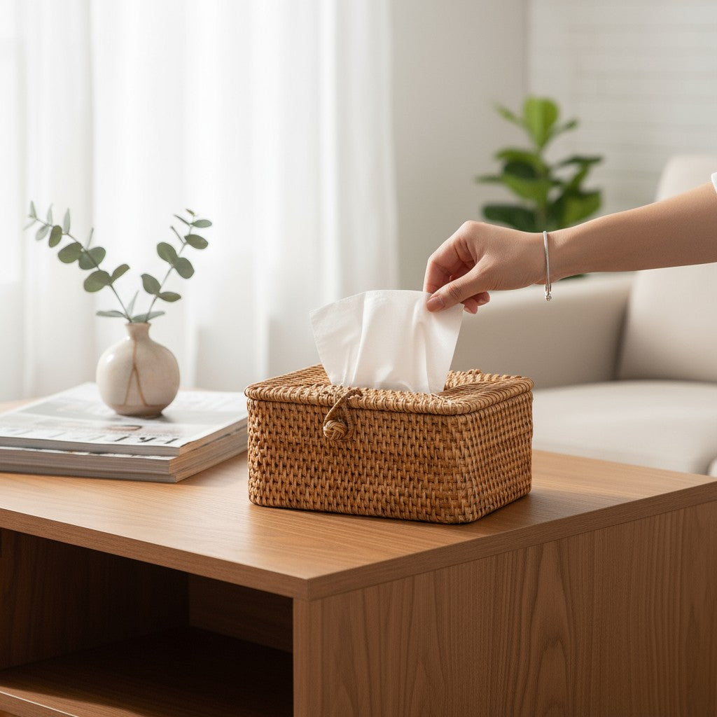 Rattan tissue box cover on a wooden side table with a white vase and a hand pulling a tissue