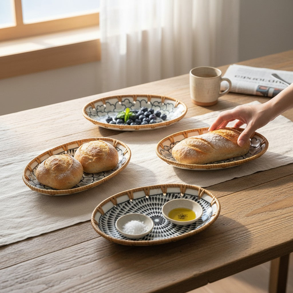 Oval ceramic rattan tray set on coffee table with chai and succulents