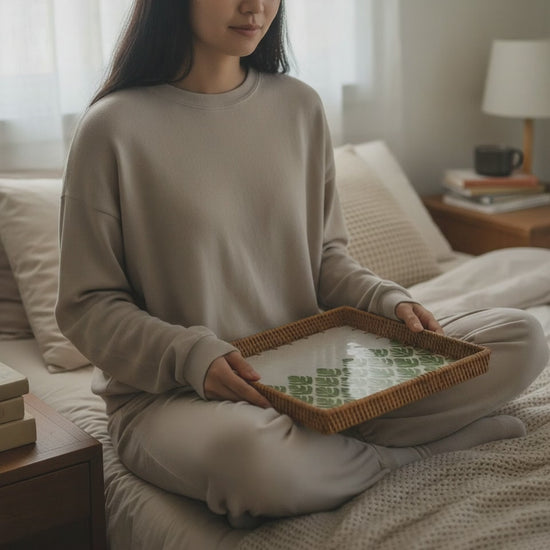 Video of model holding a square rattan tray with green leaf mother-of-pearl mosaic while seated
