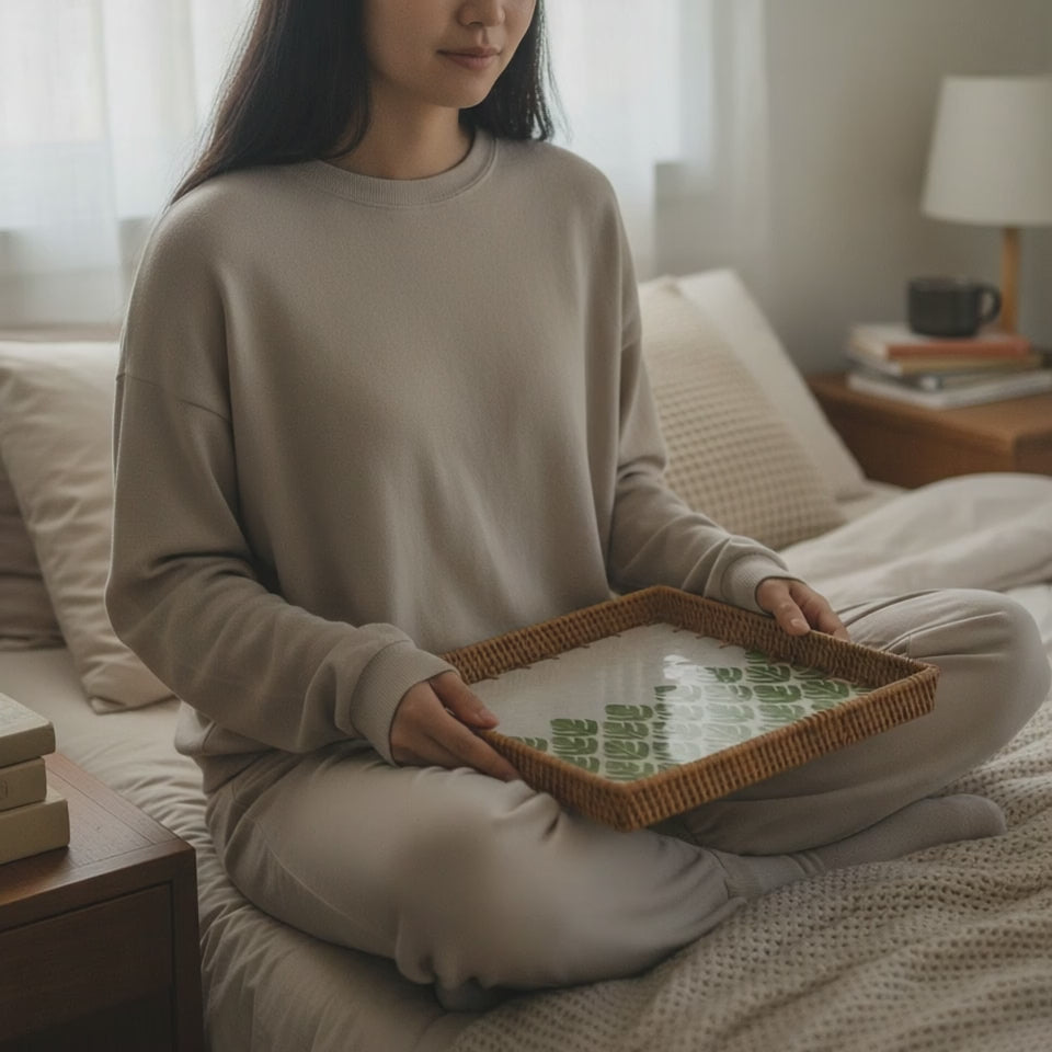 Video of model holding a square rattan tray with green leaf mother-of-pearl mosaic while seated