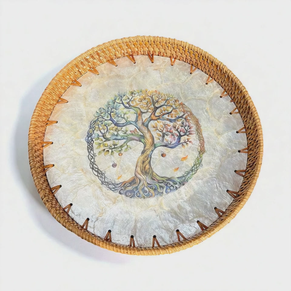 Video of Tree of Life round tray showing shine of mother-of-pearl and woven rattan