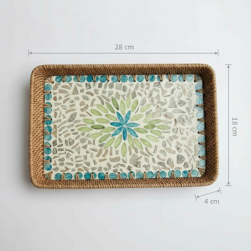 Lagoon Bloom Rectangular Tray | Mother-of-Pearl Mosaic with Hand-Woven Rattan Rim