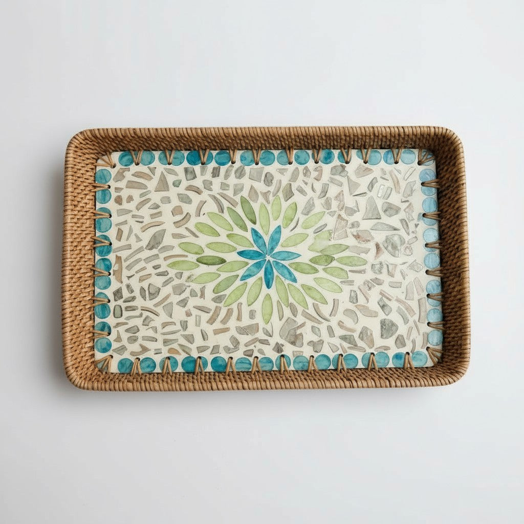 Lagoon Bloom Rectangular Tray | Mother-of-Pearl Mosaic with Hand-Woven Rattan Rim
