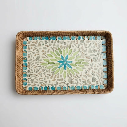 Lagoon Bloom rectangular mother-of-pearl tray with teal floral inlay and hand-wrapped rattan rim