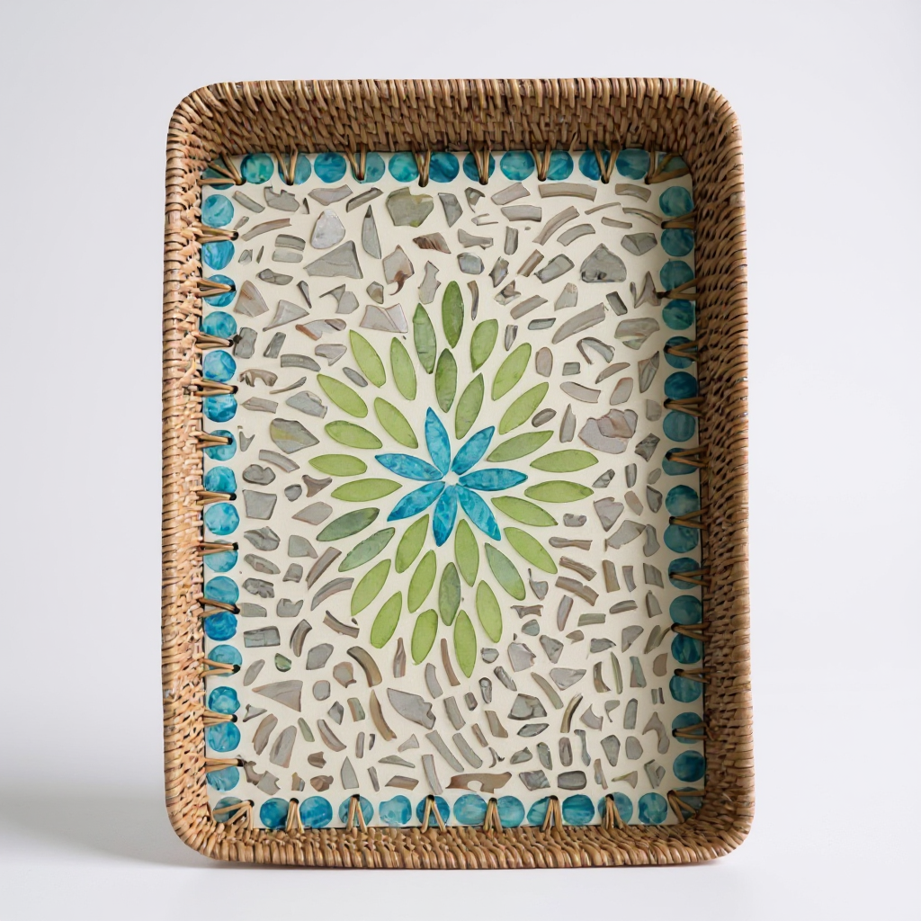 Lagoon Bloom Rectangular Tray | Mother-of-Pearl Mosaic with Hand-Woven Rattan Rim