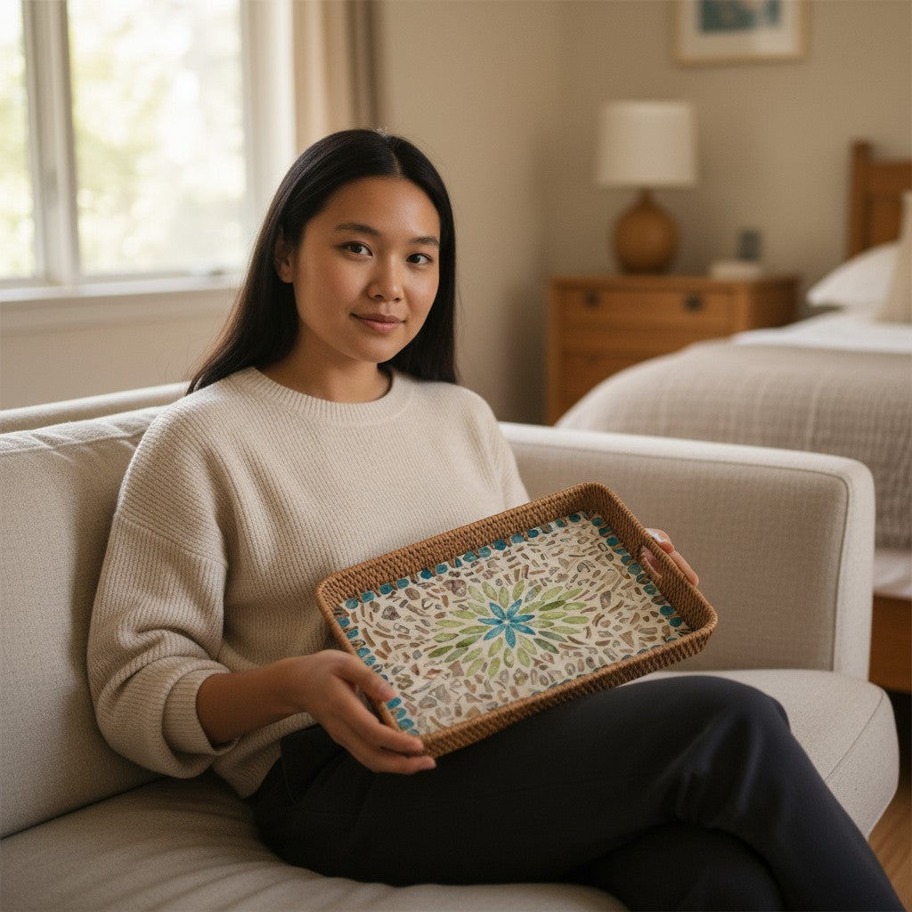 Lagoon Bloom Rectangular Tray | Mother-of-Pearl Mosaic with Hand-Woven Rattan Rim